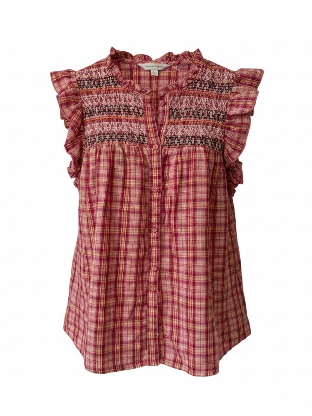 NAF NAF Paris Pink Plaid Ruffled Sleeveless Button-Front Top Size XS